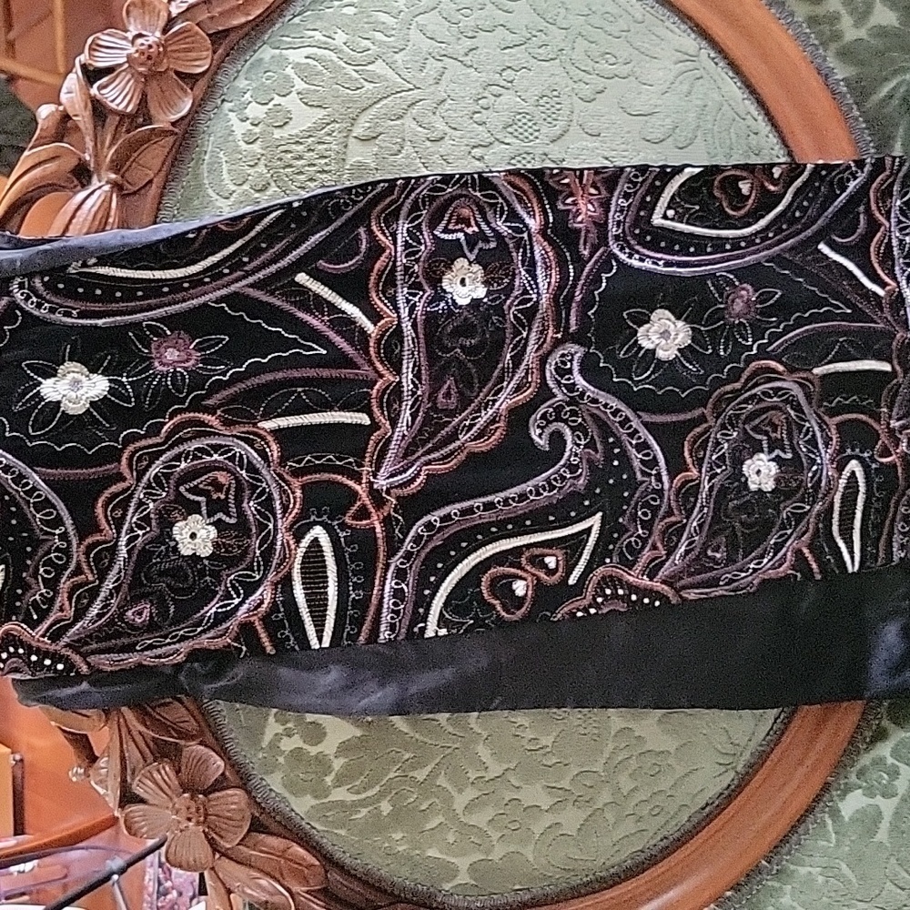 ECHO Anthropologie Embroidered 60" Long Black Silk Floral Paisley Scarf Wrap